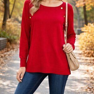 JM Collection Red Sweater 2X Plus Size Gold Button Shoulder Detail Rayon NWT